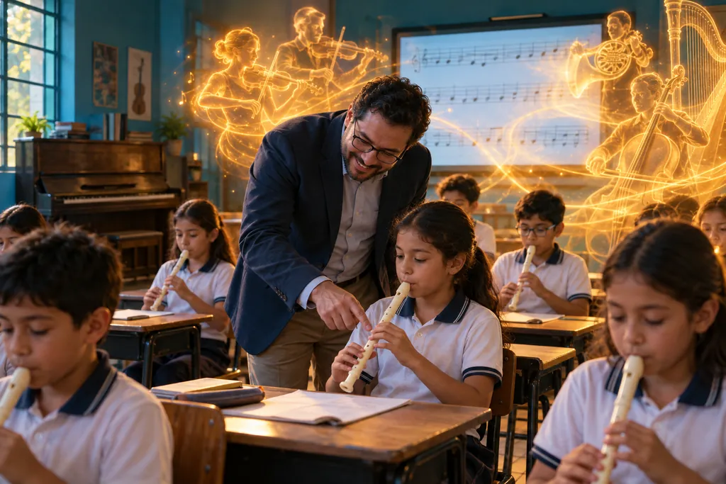El maestro escucha y corrige a una alumna mientras la orquesta de Dolce 365 acompaña a la clase y el piano queda vacío